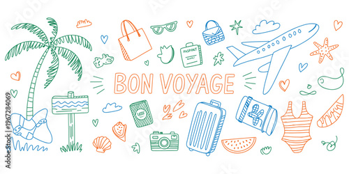 Bon Voyage Travel Themed Doodle Illustration With Palm Tree Airplane And Suitcase Keywords: bon voyage, travel, vacation