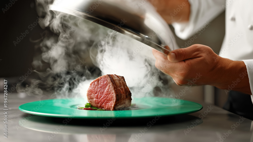 Fototapeta premium Gourmet cooking chef preparing exquisite dish in professional kitchen setting