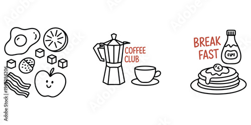 Breakfast Food Icons With Coffee Pot And Pancakes With Syrup And Fried Egg Keywords: breakfast, food, icons, coffee, pot, cup