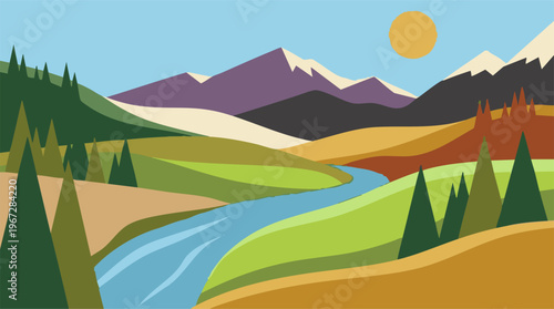 Colorful minimalist landscape with winding river, mountains, forest, and sun