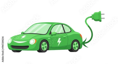 Small green electric automobile is depicted connecting to a charging plug with a curved cord