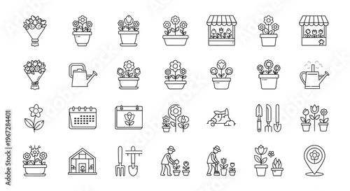 Collection of linear flower shop icons and gardening related elements
