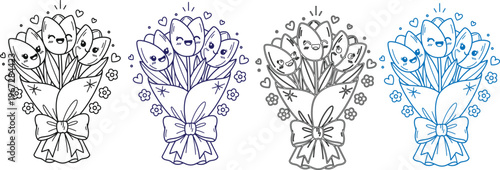 Hand Drawn Floral Bouquet Outline Vector, Black Line Art Flowers for Coloring Page