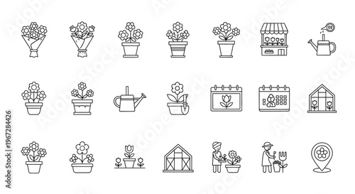 Collection of line art icons depicting flowers gardening and plant shops