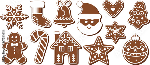 Christmas gingerbread cookies with festive designs and icing on white background Keywords: christmas, gingerbread, cookie