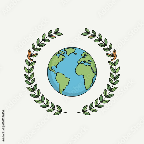 Earth Day illustration celebrating our planet with a laurel wreath around the globe, symbolizing peace and nature