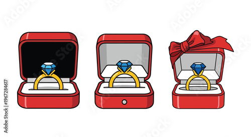 Three stages of a red jewelry box opening to reveal a diamond ring