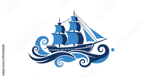 Vintage Sailing Ship on Waves Ocean.