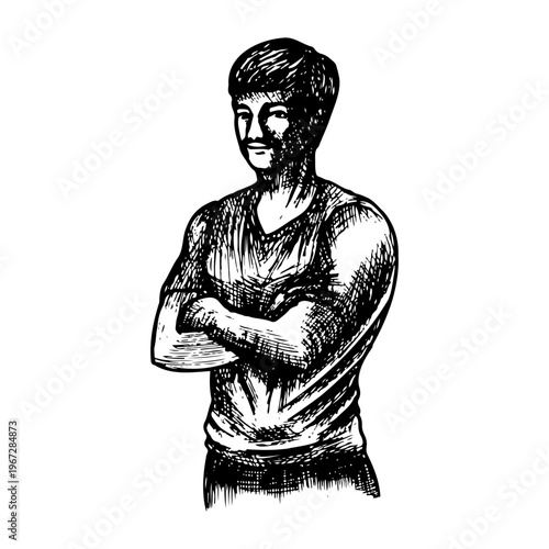 Hand-drawn portrait of an athlete with muscular build and crossed arms in vintage linocut style. Black ink sketch of a young man isolated on white background.