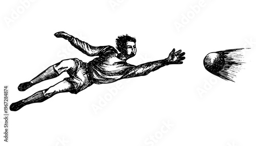 Hand-drawn soccer goalkeeper diving to catch a ball in vintage linocut style. Black ink sketch of football action isolated on white background