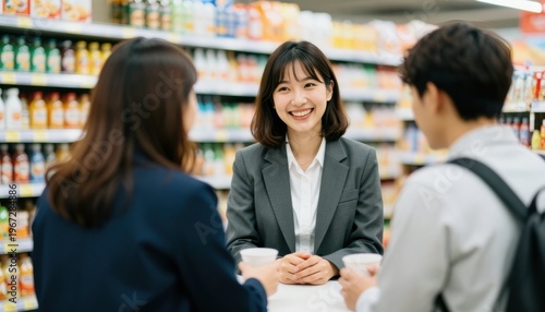 Engaging customer interaction supermarket photo indoor eye level business communication