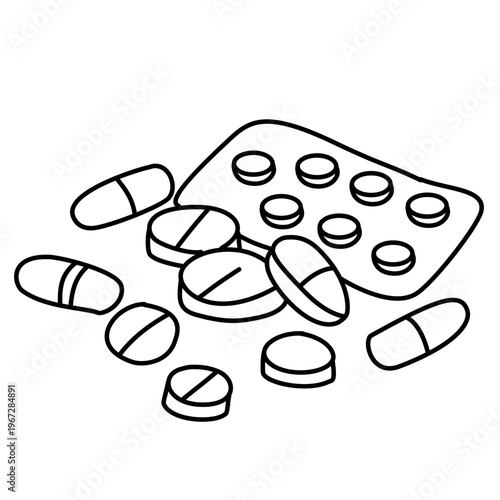 Scattered pills and capsules with a blister pack for medical overdose