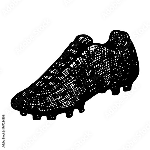 Hand-drawn soccer cleat in vintage linocut style. Black ink sketch of classic football boot equipment isolated on white background