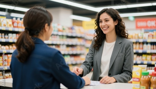 Customer interaction supermarket transaction retail environment close-up view professionalism and service