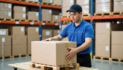 Warehouse worker packaging goods distribution center action scene industrial environment side view logistics efficiency