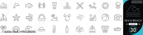 Sea and beach line icon set featuring palm tree, sun, wave, umbrella, beach chair, starfish, seashell, sunglasses, surfboard, sandcastle and boat. editable stroke vector set.