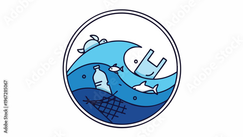 Flat design illustration of ocean pollution with marine life trapped in a fishing net within a circular frame.