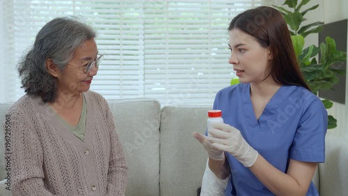 Caregiver elderly care home nurse healthcare consultation medicine support for senior on sofa, safe pill use in bright living room, water, gentle guidance and trust, health and wellness at home