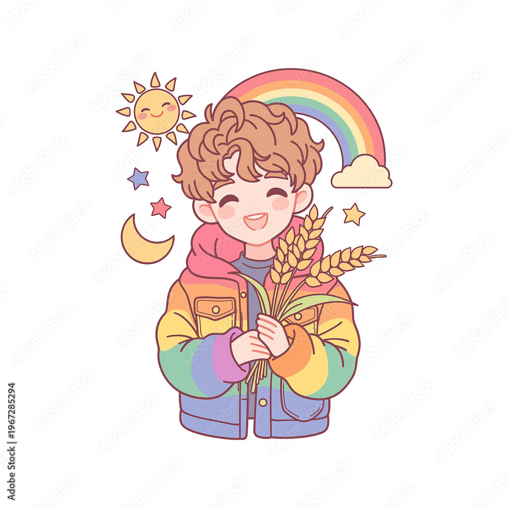 Naklejka premium Cute Chibi Vector Illustration of the Biblical Joseph in a Rainbow Puffy Jacket Holding Wheat Stalks, with Sun, Moon, Stars, and a Rainbow in the Background