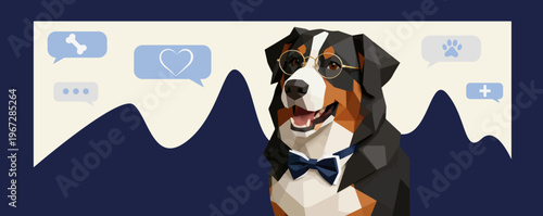 pets banner with bernese mountain dog in bow tie and glasses, social media chat bubbles 