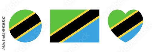 Tanzania rectangle, heart shaped, circle flag badge, sticker. Set of Tanzania flag icon, button. Heart, round, rectangular flag of Tanzania banner, background.