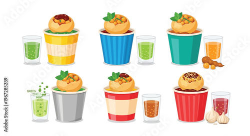A colorful illustration of various cups of food and drinks on a white background