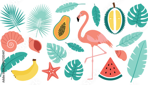 A vibrant tropical illustration featuring a pink flamingo and various fruits