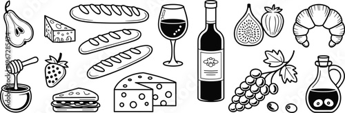 Food and Drink Icons with Wine Cheese Bread and Fruits in Black and White Keywords: wine, cheese, bread, baguette, croissant