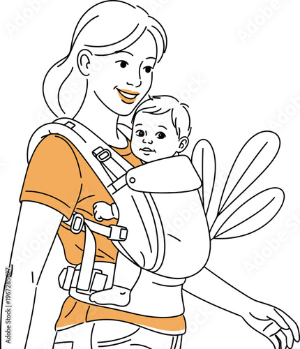 A charming illustration featuring a joyful mother gently holding her sweet baby in a practical and secure front baby carrier, symbolizing care, warmth, and maternal connection.