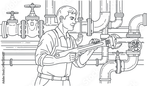 A skilled male plumber in work attire expertly uses a large adjustable wrench to perform essential maintenance on a complex industrial piping system with multiple valves, ensuring efficient operation.