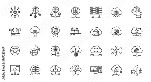 Collection of line icons representing global networks and data connections
