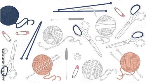 A set of colorful yarn balls and knitting tools illustration