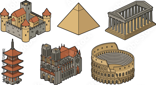 Illustrations of famous landmarks and monuments from around the world on display