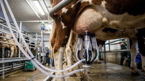 Brown and white dairy cow being machine milked clear tubes show milk flow in a modern farm environment