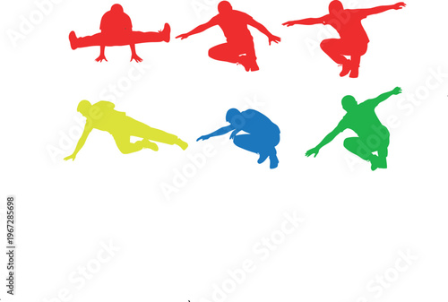 Dynamic Silhouettes of Parkour Athletes Performing Jumps and Vaults in Vibrant Colors