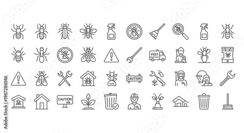 Collection of line art icons depicting pest control and related elements