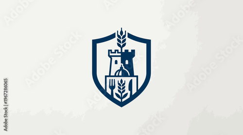 Shield with Tower Grain Fork and Knife Logo
