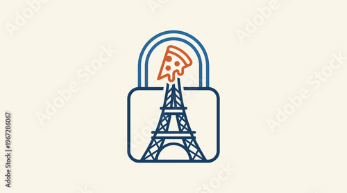 Eiffel Tower with Pizza Slice in Padlock Logo