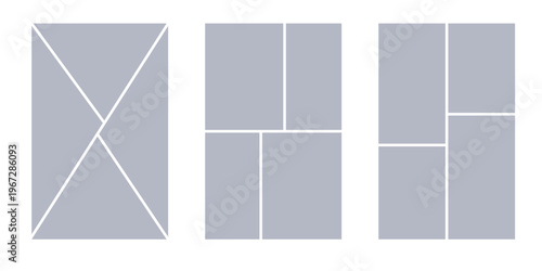 Image collage layout template. Grey mosaic mood board grid collection. Picture frame set. Photo album idea for banner, poster, comic page, flyer, brochure, booklet, memory wall design. Vector pack