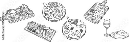 Hand Drawn Cheese and Charcuterie Boards with Wine Glass and Cheese Slice cheese board crackers