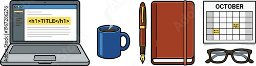A cluttered desk with a laptop, coffee mug, pen, notebook, and glasses on a calendar