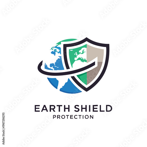 Logo of Earth Shield Protection featuring a shield over a globe on a white background with a color scheme of blue green and gray.