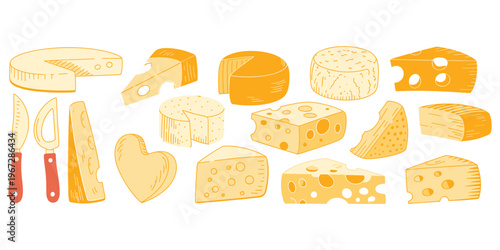 Hand Drawn Cheese Collection With Knives And Various Shapes And Holes food dairy