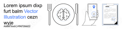 Brain health, digital health, nutrition, modern technology, documentation, user interface. a brain on a plate, smartphone with user location and document. Brain health and digital health concepts