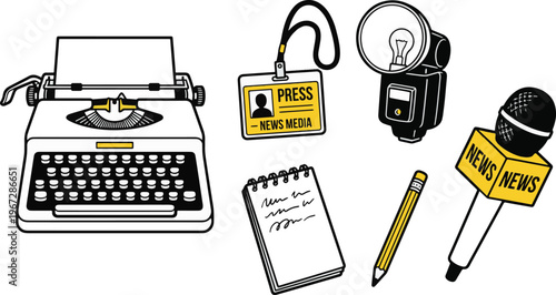 Journalists gather news with typewriter, microphone, and camera equipment.