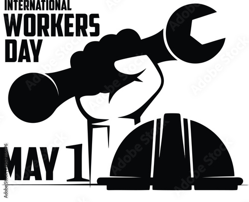 International Workers Day poster with black and white flat vector illustration featuring a raised fist holding a large wrench and a safety helmet - cad drawing flat vector illustration
