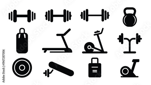 Collection of black silhouette icons representing gym equipment including dumbbells kettlebells punching bags treadmills exercise bikes barbells and weight benches isolated