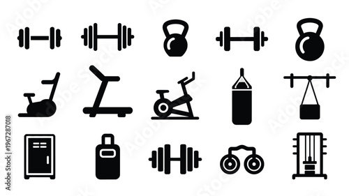 Diverse collection of black fitness equipment silhouettes on a clean white background showcasing dumbbells kettlebells treadmills stationary bikes punching bags weight machines