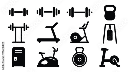 Collection of black fitness equipment silhouettes on a white background including dumbbells barbells treadmills stationary bikes kettlebells and punching bags perfect for sports
