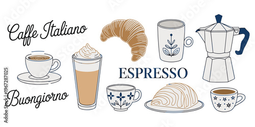 Italian Coffee and Croissant Illustrations with Caffe Italiano Text espresso buongiorno